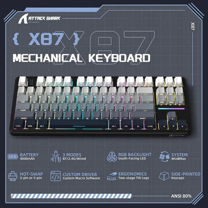 ATTACK SHARK X87 Wireless Mechanical Gaming Keyboard Tri-Mode BT5.0/2.4G/USB-C Gasket Hot Swappable Custom Keyboard Pre-lube