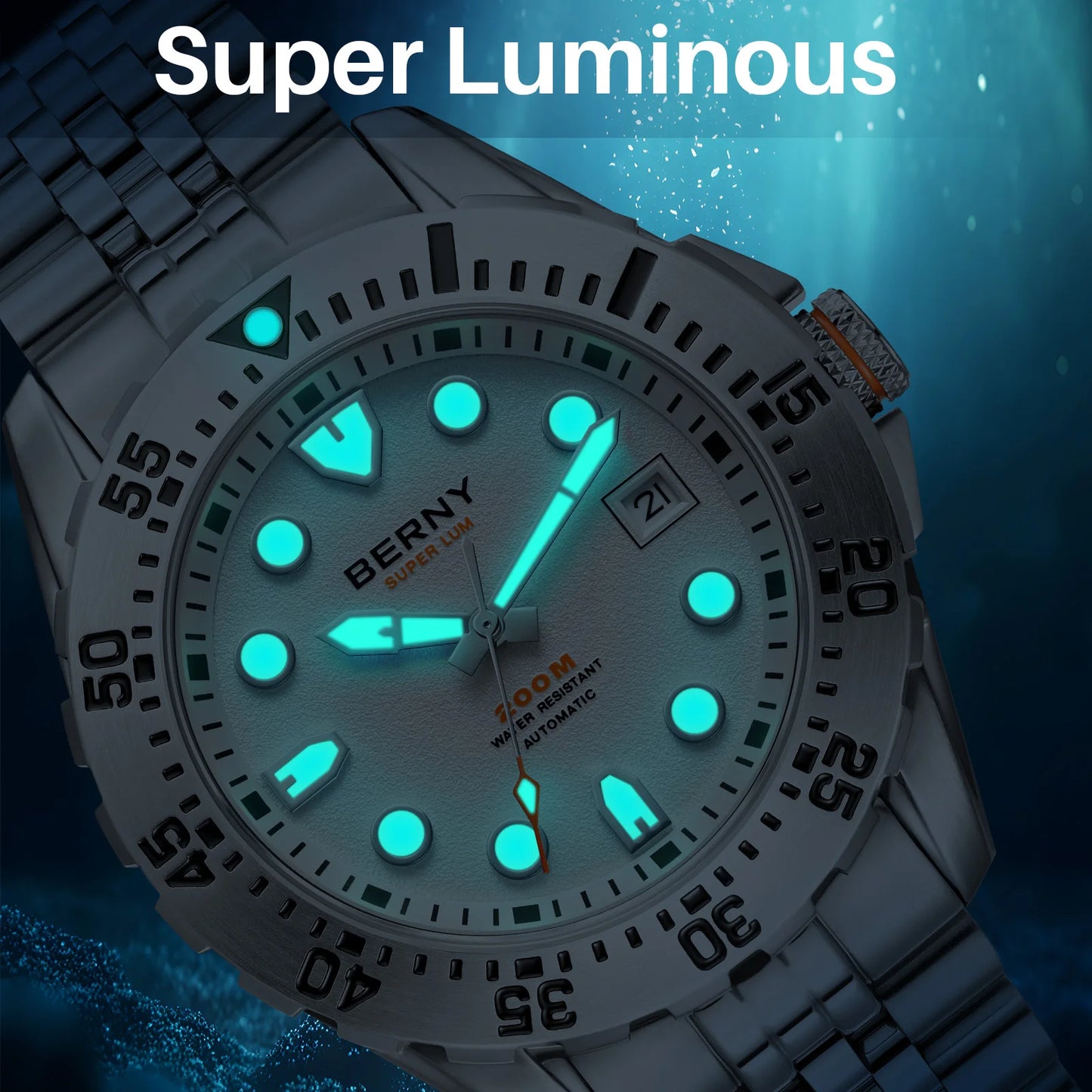 BERNY Men's Automatic Diver Watch Supper Luminous Sapphire AR Coated MIYOTA 8215 316LStainless Steel Single Crown Diving Watches