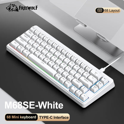 Teclado FREEWOLF M68SE com sensação mecânica, 68 teclas, mini teclado compacto com fios, silencioso, para portáteis, gaming e utilização em escritório