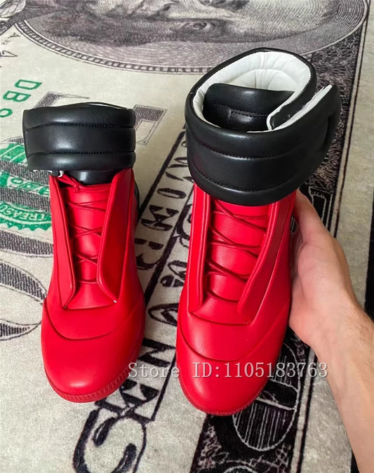 Men Mixed Color Real Leather Ankle Boots Fashion Design Lace-Up High Top Sport Shoes Male Casual Flat Sneakers
