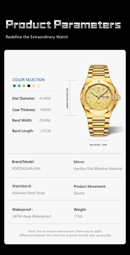 POEDAGAR Business Men Clock Date Week Stainless Steel Luxury Man Wristwatch Waterproof Luminous Sport Quartz Men's Watches Reloj