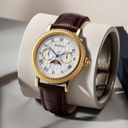 BERNY Watches for Men Luxury Dress Brand Business Gold Quartz Real Moons Man Watch S/S Sapphire Calendar Moon Phase Wristwatch