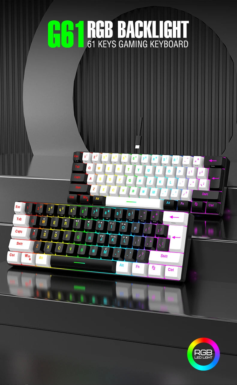 Teclado mecânico com fios de 61 teclas, branco, com switch preto e azul, à prova de água, iluminação RGB, kit para gaming e escritório, PUBG, retroiluminado