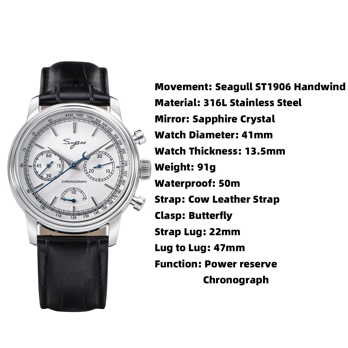 Sugess Watch of Men Pilot 1963 Wristwatches ST1906 Chronograph Handwind Movement Domed Sapphire Waterproof PowerReserve Lume V2