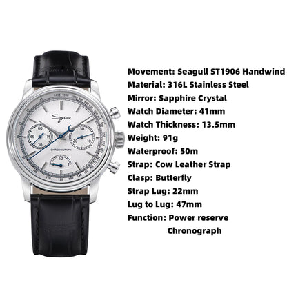Sugess Watch of Men Pilot 1963 Wristwatches ST1906 Chronograph Handwind Movement Domed Sapphire Waterproof PowerReserve Lume V2