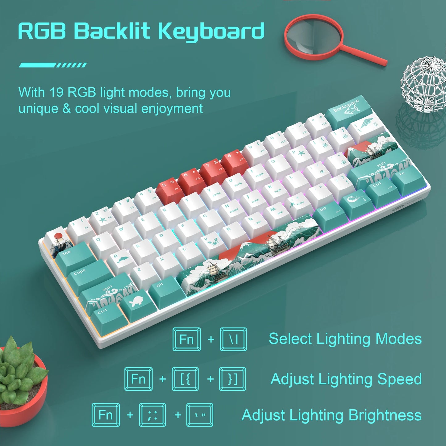 Teclado Mecânico Gaming MageGee 60%, RGB, Totalmente Hot-swappable, Switches Personalizados, Mini Teclado de Escritório com 61 Teclas para Portátil Win/Mac