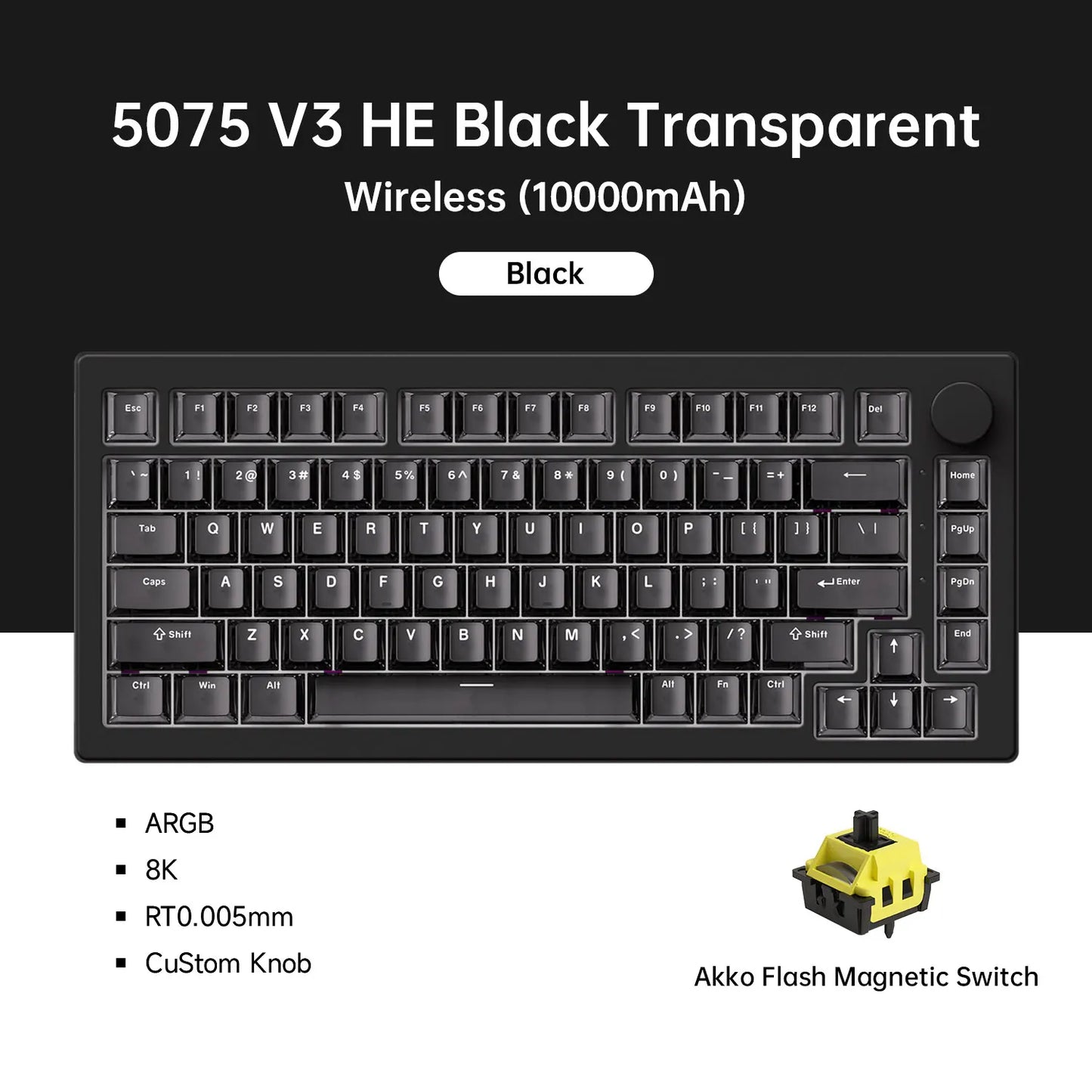 Teclado Magnético Akko 5075 V3 HE 75% — Teclado Mecânico Gaming Personalizado, Rapid Trigger 0.005mm, Taxa de Polling 8K, ARGB