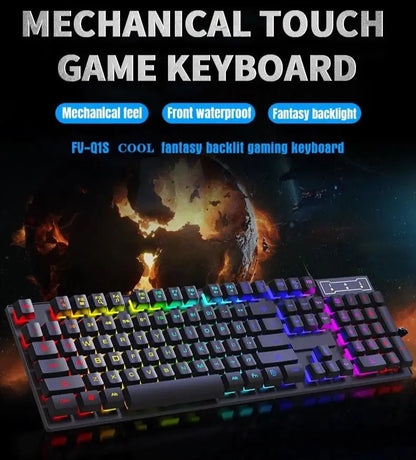 Conjunto de teclado com fios de 104 teclas com retroiluminação RGB e efeito de respiração, teclado gaming ergonómico e rato para computador, portátil, gamer e escritório