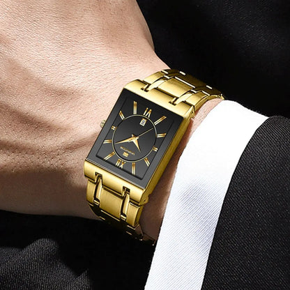 Men Business Watch Simple Design Luxury Fashion Rectangular Black Gold Stainless Steel Calendar Waterproof Quartz Men's Watches
