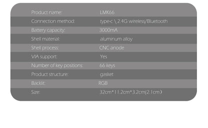 ZUOYA LMK66 3 Mode Mechanical Keyboard Kit Aluminum Wireless Gaming Keyboard 60% Bluetooth 2.4G RGB Hotswap  Gasket Structure