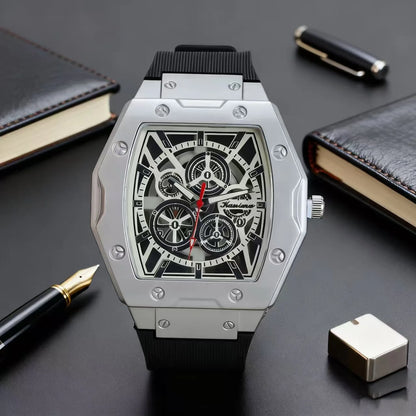 New Fashion Luxury Man Tonneau Hollow Skeleton Faux Mechanical Watch Men Militray Sports Silicone Quartz Watches Reloj Hombre