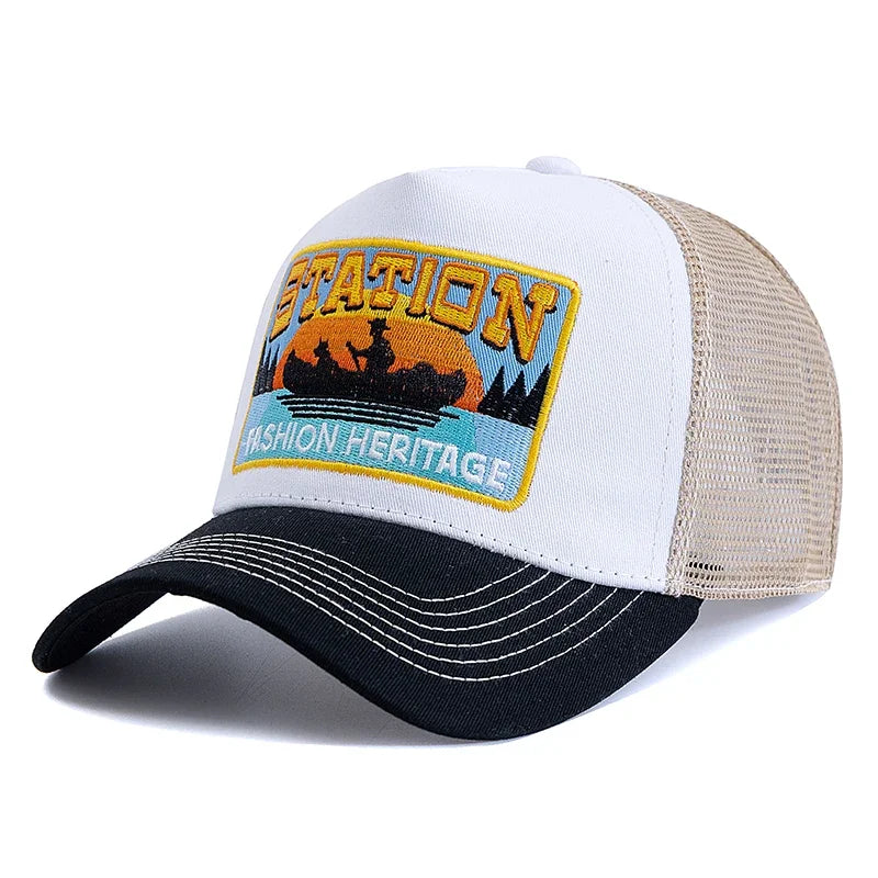 Șapcă de pescuit de vară, din plasă respirabilă, tip „trucker”, pentru bărbați și femei, cu design brodat în stil pescăresc, șapcă „snapback”, pentru pescuit în aer liber