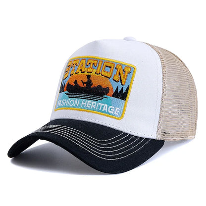 Șapcă de pescuit de vară, din plasă respirabilă, tip „trucker”, pentru bărbați și femei, cu design brodat în stil pescăresc, șapcă „snapback”, pentru pescuit în aer liber