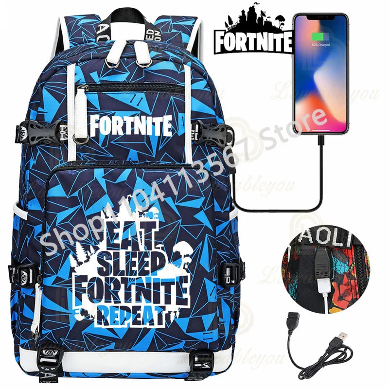 Yule Trooper F-Fortnited Battle Royale Backpack with USB Charging Anime Figures Study Stationery Compartment Students Mochila