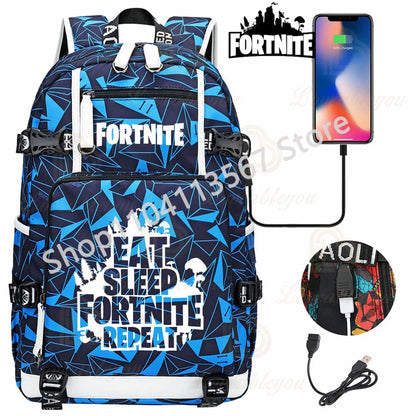 Yule Trooper F-Fortnited Battle Royale Backpack with USB Charging Anime Figures Study Stationery Compartment Students Mochila