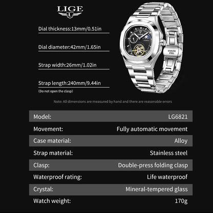 LIGE Watch For Man Luxury Business Waterproof Luminous Mechanical Watches Fashion Moon Phase Automatic Movement Men's Watches
