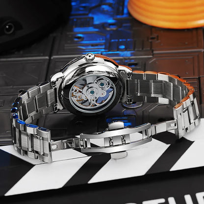 Muški sat sa skeletnim dizajnom, modnog stila, postavljen dragog kamenjem u duginim bojama i s tourbillon mehanizmom; luksuzni automatski mehanički sat, vodootporan do 30 metara.
