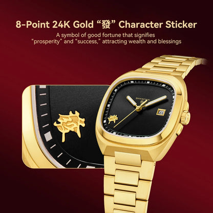 Shanghai Square Vintage Mechanical Watch 24K Gold Automatic Men's Watches 38mm Case 316L Stainless Steel Luxury Wristwatch SH030