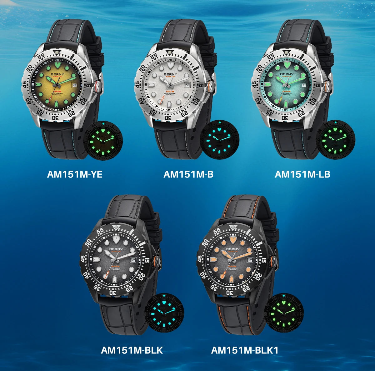 BERNY Men's Automatic Diver Watch Supper Luminous Sapphire AR Coated MIYOTA 8215 316LStainless Steel Single Crown Diving Watches