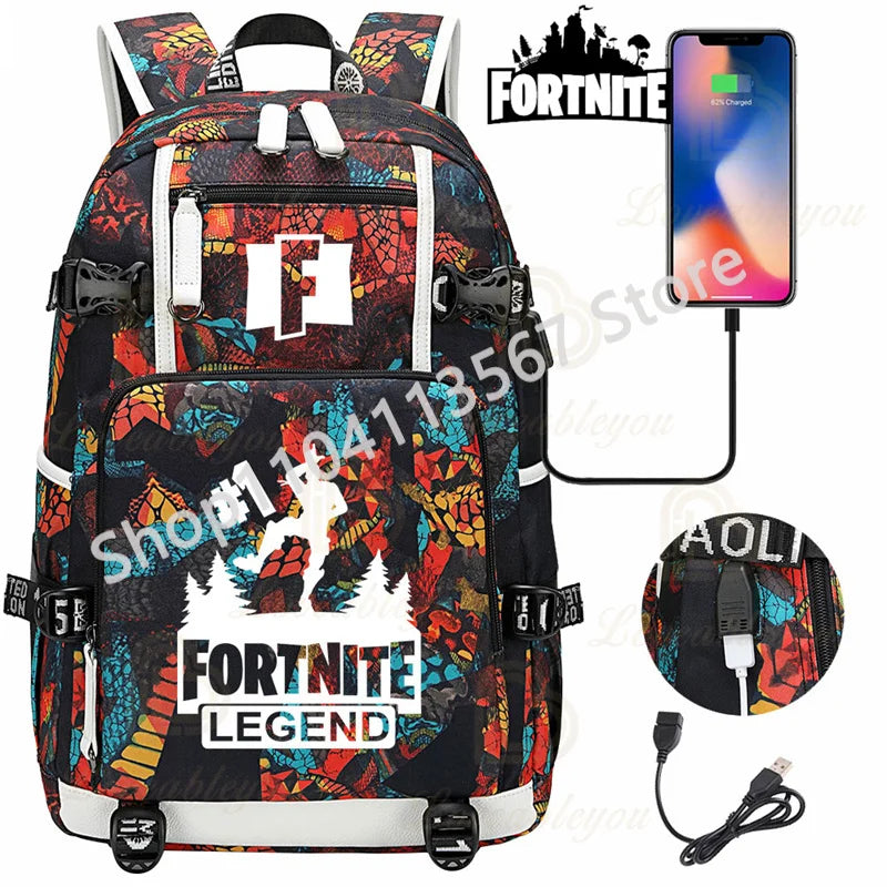 Yule Trooper F-Fortnited Battle Royale Backpack with USB Charging Anime Figures Study Stationery Compartment Students Mochila