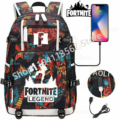 Yule Trooper F-Fortnited Battle Royale Backpack with USB Charging Anime Figures Study Stationery Compartment Students Mochila