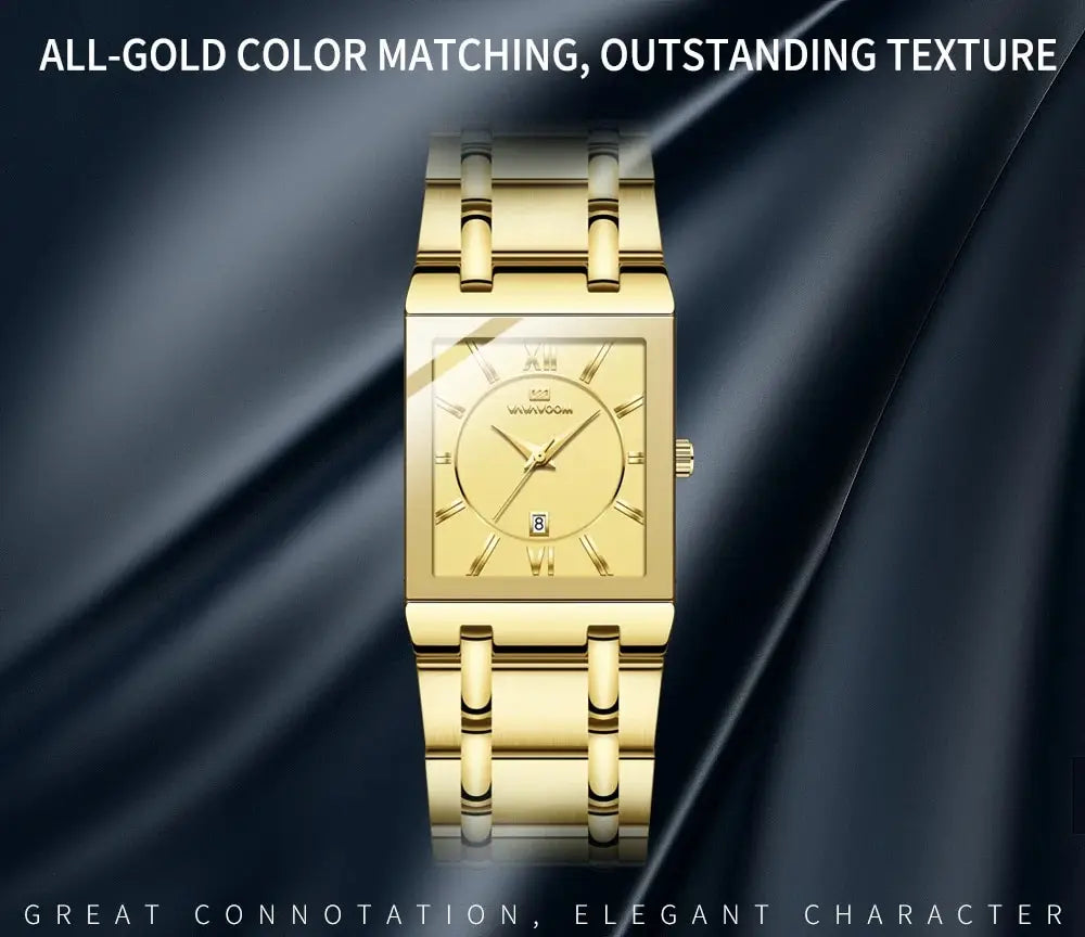 Men Business Watch Simple Design Luxury Fashion Rectangular Black Gold Stainless Steel Calendar Waterproof Quartz Men's Watches