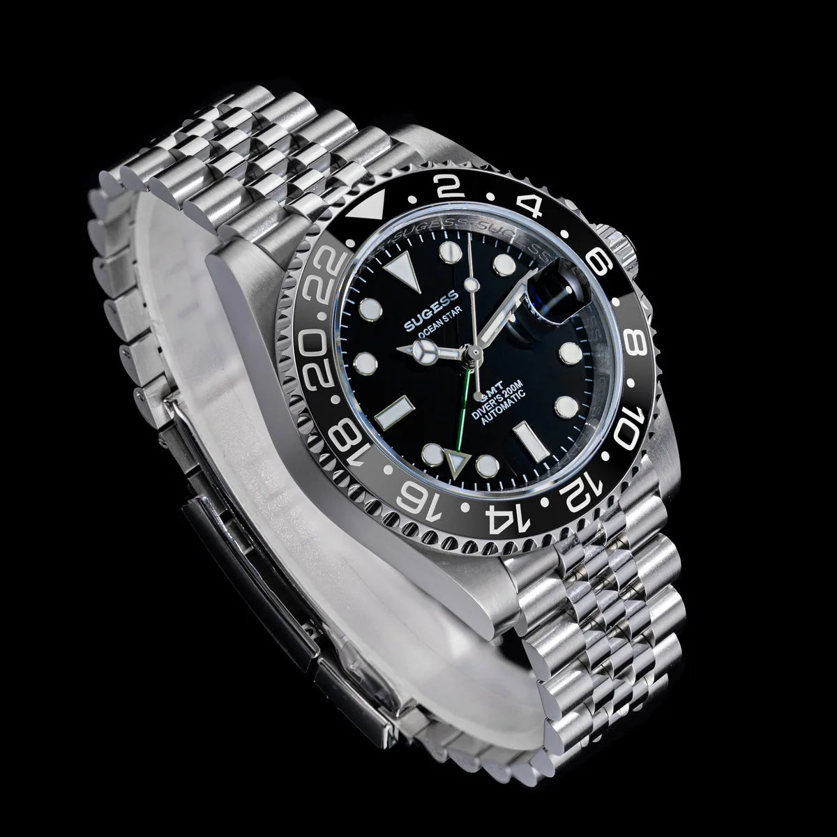 Sugess GMT Diving Watch of Men Automatic Mechanical Waterproof Wristwatches Peacock SL3032 Movement Ceramic Bezel Jubille Band