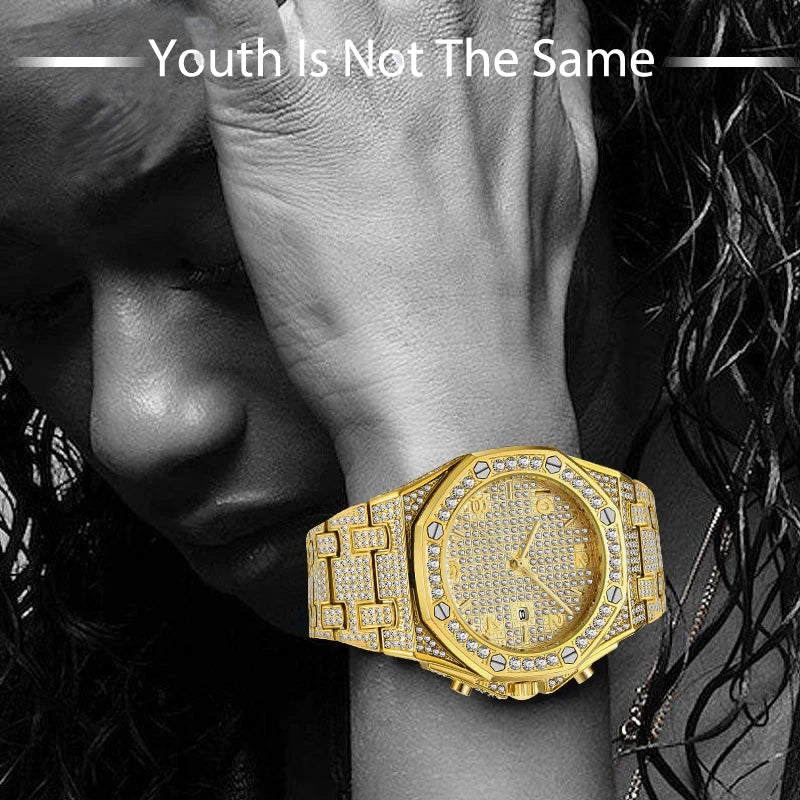 Gold Watches For Men Full Iced Diamond Men's Quartz Watch Luxury Fashion Calendar Wristwatch Dropshipping