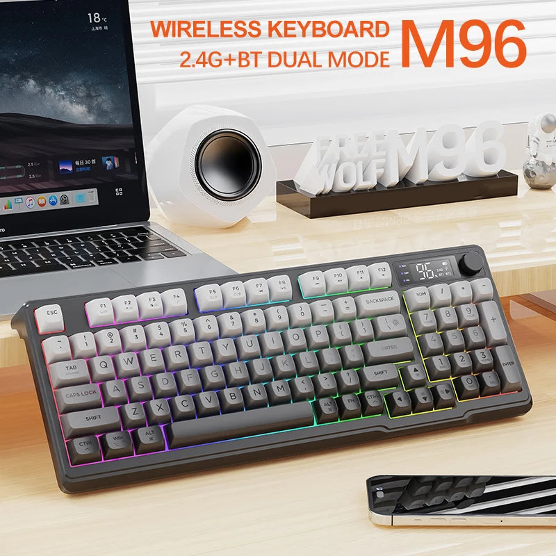 Teclado Bluetooth Sem Fios M96 FREEWOLF com Ecrã Gaming, Ecrã Eletrónico, Ligação a Vários Dispositivos, Ergonomia Gaming