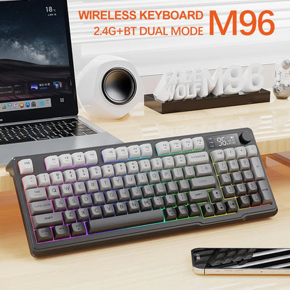 Teclado Bluetooth Sem Fios M96 FREEWOLF com Ecrã Gaming, Ecrã Eletrónico, Ligação a Vários Dispositivos, Ergonomia Gaming
