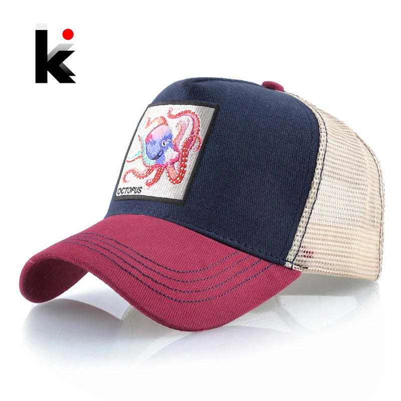 Czapka baseballowa unisex z naszywką z ośmiornicą dla mężczyzn i kobiet – czapka typu snapback na cztery pory roku, czapka typu trucker, czapka sportowa na świeżym powietrzu, oddychająca, codzienna