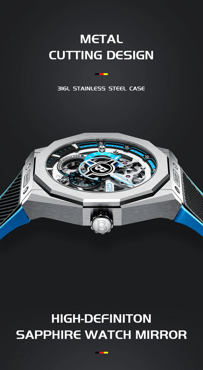 BONEST GATTI BG7601 Men's Automatic Mechanical Watch Sapphire Crystal Waterproof Luminous Rubber Strap Wristwatch