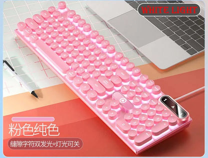 Teclado K500 rosa de cores mistas com teclas brancas e rosa, 104 teclas, teclado gaming com fios para portátil e PC