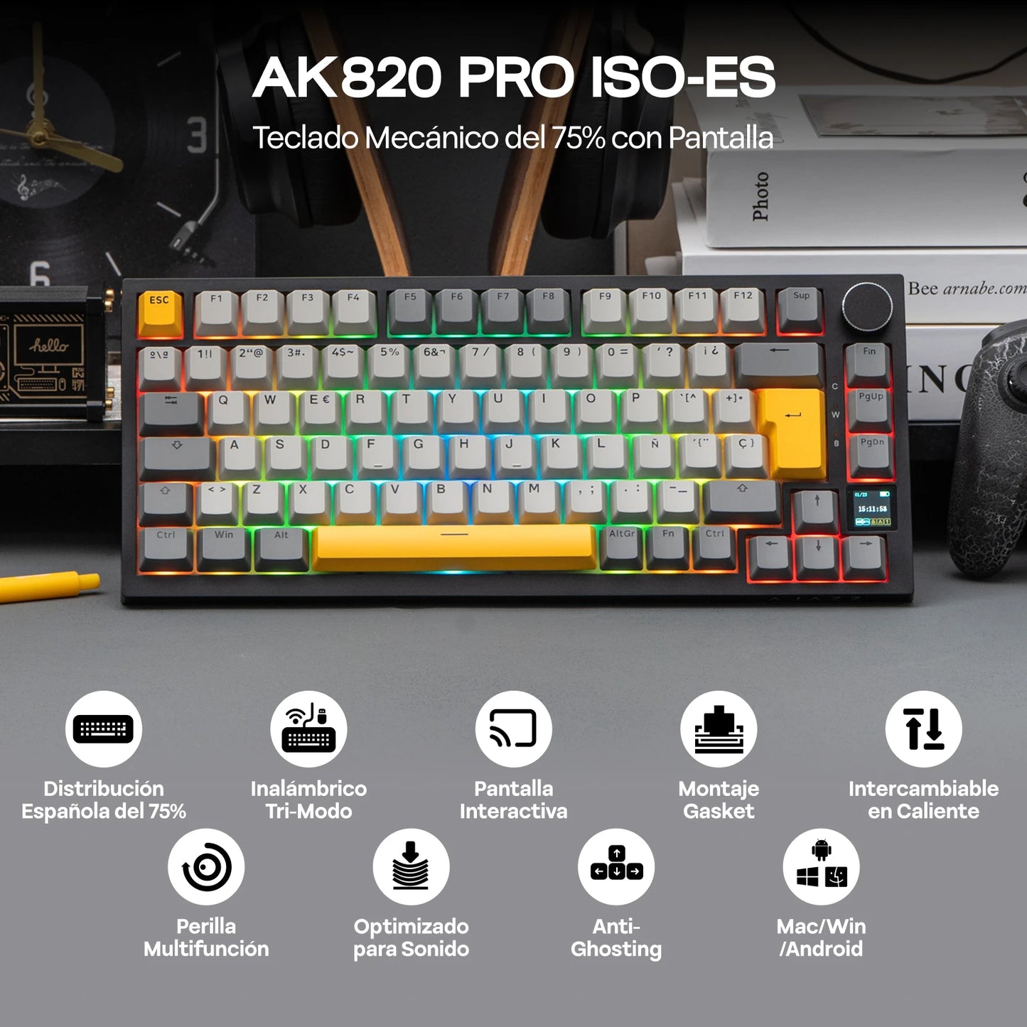 Teclado mecânico ISO-ES EPOMAKER X AJAZZ AK820 PRO 75% com layout espanhol, com fios/2.4GHz/BT, ecrã e botão rotativo para PC/Mac