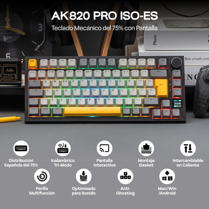 Teclado mecânico ISO-ES EPOMAKER X AJAZZ AK820 PRO 75% com layout espanhol, com fios/2.4GHz/BT, ecrã e botão rotativo para PC/Mac