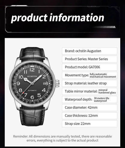 OCHSTIN Automatic Mens Watches Top Brand Luxury Auto Date Mechanical Military Sports Male Clock Luminous Hands Gift for Husband