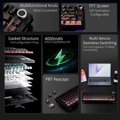 Teclado Mecânico AULA S75 PRO 75% Layout Personalizado Retroiluminação RGB Sem Fios Bluetooth Gaming com Ecrã e Botão Rotativo