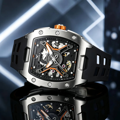 ONOLA Men's Rose Gold Automatic Mechanical Watch Silicone Strap Waterproof Luminous Hollow Dial Watch