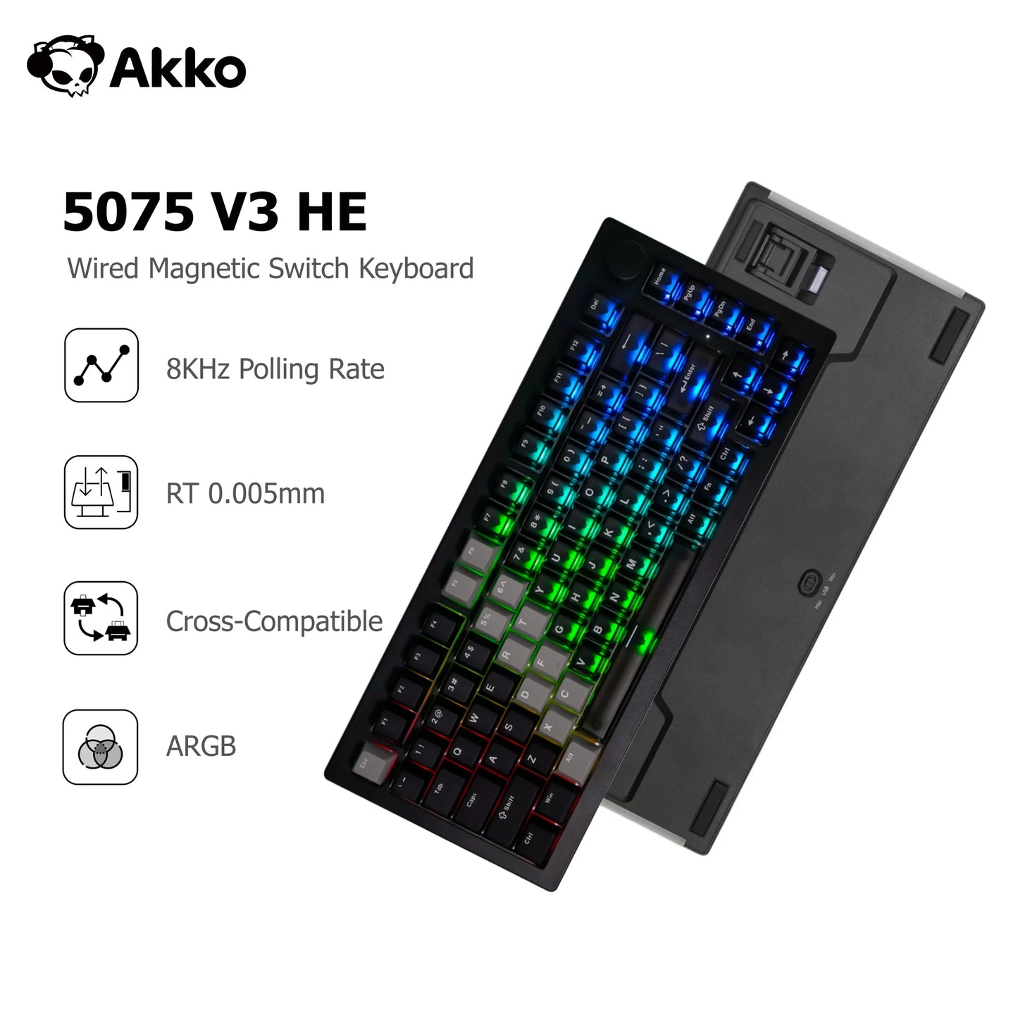 Teclado Magnético Akko 5075 V3 HE 75% — Teclado Mecânico Gaming Personalizado, Rapid Trigger 0.005mm, Taxa de Polling 8K, ARGB