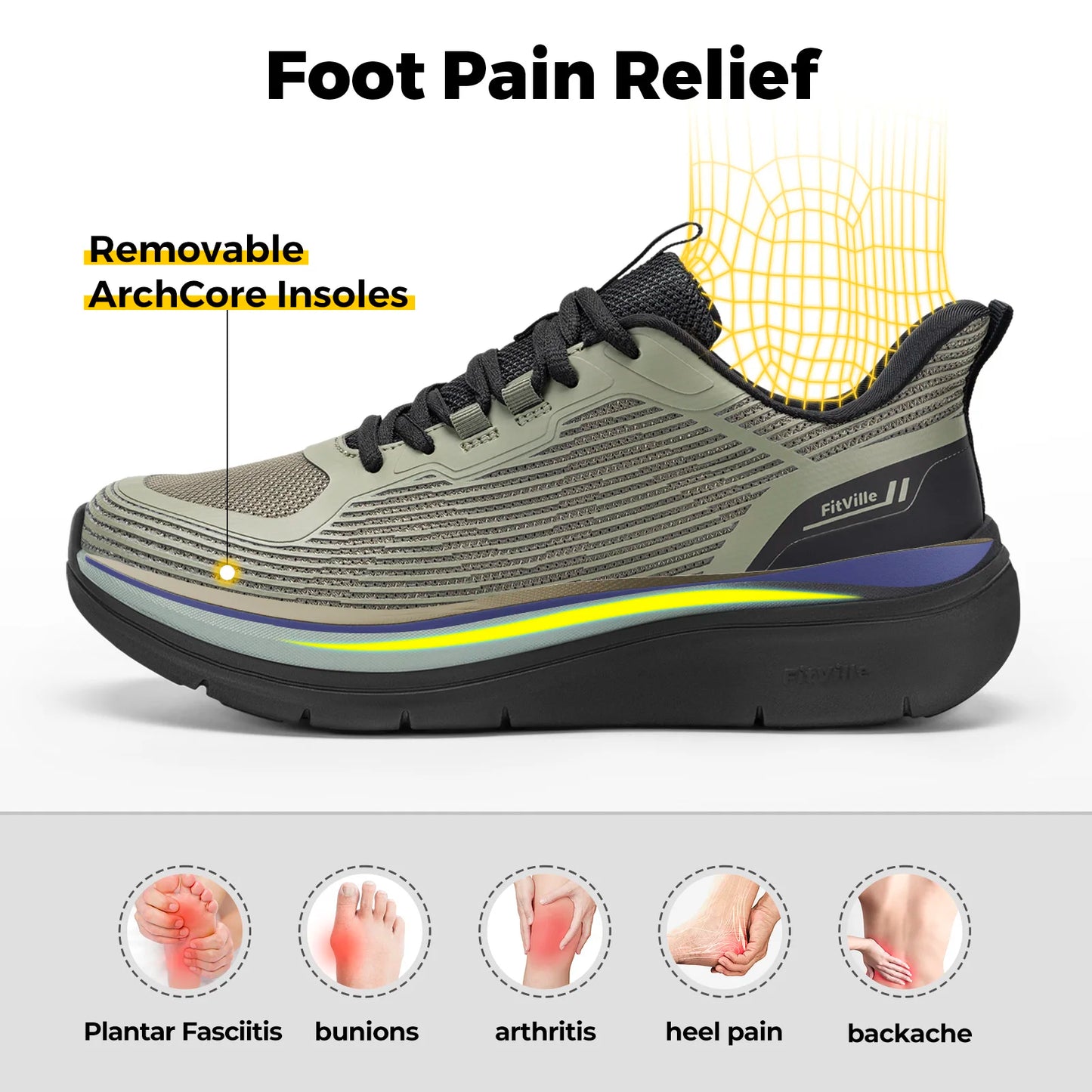 Fittington Walking Shoes for Men Extra Wide Sneakers Comfortable Lightweight Running Sport Shoes with Arch Support For Flat Feet