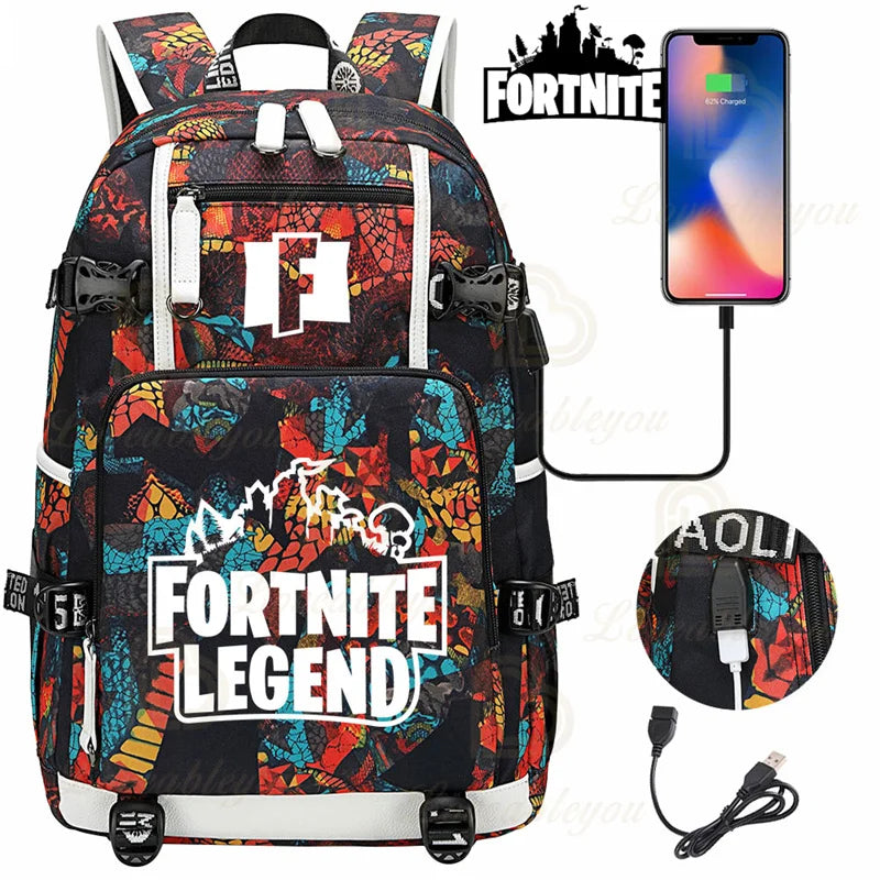 Yule Trooper F-Fortnited Battle Royale Backpack with USB Charging Anime Figures Study Stationery Compartment Students Mochila