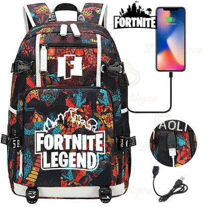 Yule Trooper F-Fortnited Battle Royale Backpack with USB Charging Anime Figures Study Stationery Compartment Students Mochila