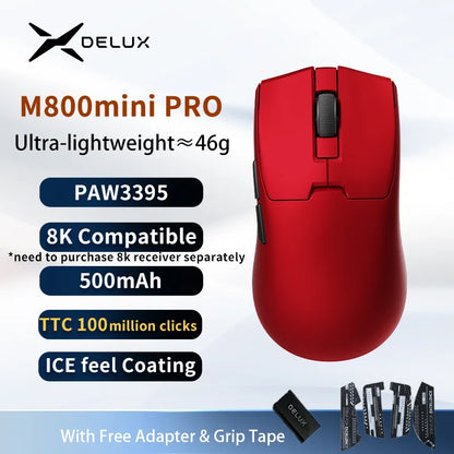 Безжична геймърска мишка Delux M800mini, ултралека 46g, PAW3395/PAW3311, 1KHz честота на опресняване, за PC геймъри с малка до средна ръка
