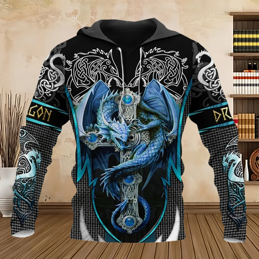 Sudadera con capucha unisex de manga larga para primavera y otoño, con estampado 3D de dragón estilo tatuaje, estilo streetwear casual para hombre