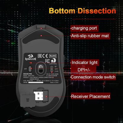 Mouse gaming REDRAGON DEICIDE M816 PRO RGB USB con supporto Bluetooth 2.4G wireless, 26000 DPI, 6 pulsanti per gamer, mouse cablato per computer