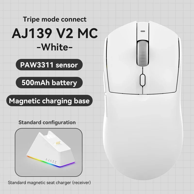 AJAZZ AJ139 V2 MC/AJ139 PRO belaidė žaidimų pelė su PAW3311/PAW3395 jutikliu, 12000DPI/26000DPI, 500mAh „Bluetooth“ pelė žaidėjams, skirta PC