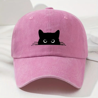 Cute cat print vintage washed baseball cap for men and women, versatile casual curved brim hat