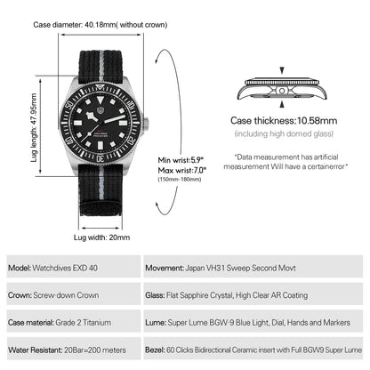 Watchdives EXD 40Mm Titanium Dive Watch Man VH31 Sweep Quartz Watches 200 Waterproof Ar Sapphire BGW9 Luminous 316L Wristwatch