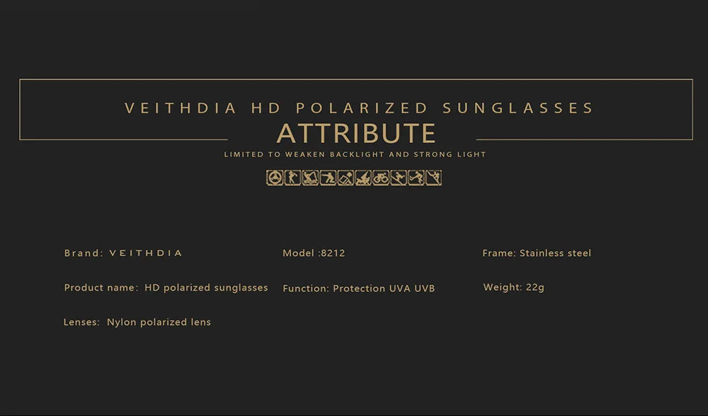 VEITHDIA Brand Fashion Sunglasses Stainless Steel High-definition Nylon Lens Polarized UV400 Eyeglasses For Men Women,  8212