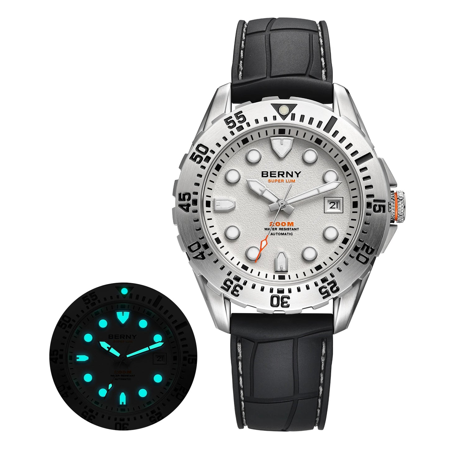 BERNY Men's Automatic Diver Watch Supper Luminous Sapphire AR Coated MIYOTA 8215 316LStainless Steel Single Crown Diving Watches